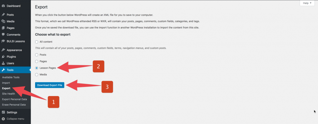 steps to export lesson pages