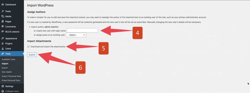 selecting import options