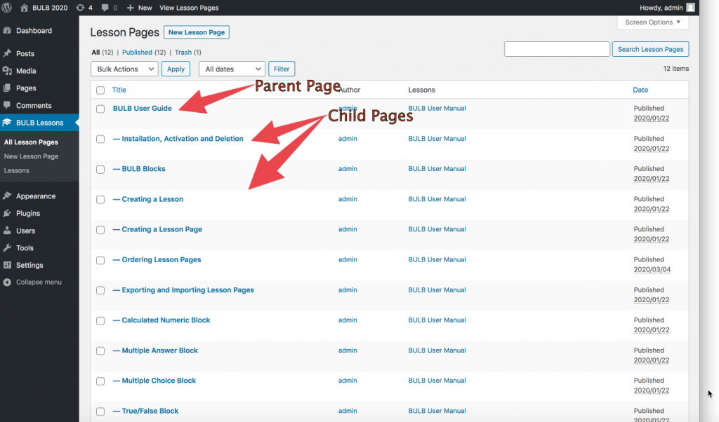showing parent and child lesson pages