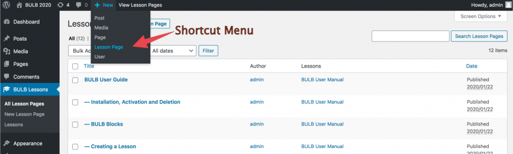 shortcut menu for a new lesson