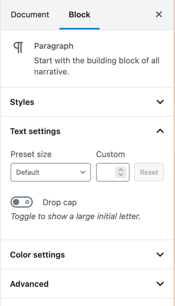 Screenshot of the paragraph block sidebar controls.
