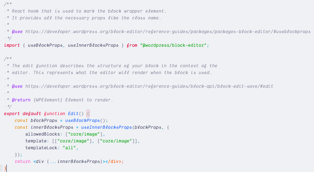 Code block from edit.js showing the import and edit sections